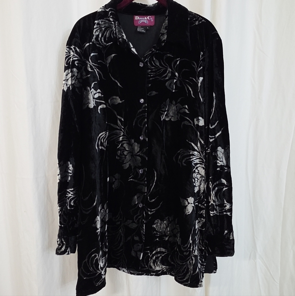 VTG Large 10/12 Denim&Co Black Grey Floral Velvet Long Sleeve Button Down Tunic
